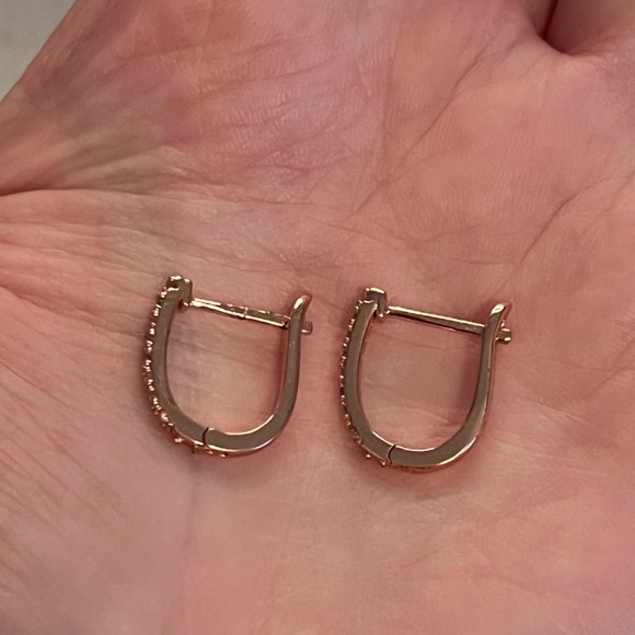 Rose Gold Diamond Huggie Drop Hoop Earrings - Picture 5 of 7